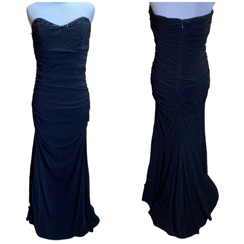 Badgley Mischka Collection Black Ruched Beaded Strapless Dress Size 6